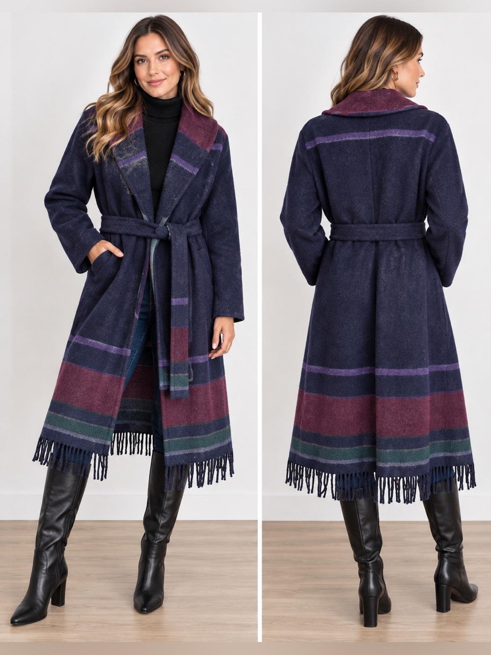 Something Navy Woven Coat Striped Wool Wrap Coat in Blue & Purple